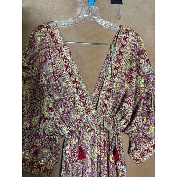 Boho Paisley Print Maxi Dress Kimono Sleeve Tassel V Neck Beach Cover Up - Picture 5 of 12
